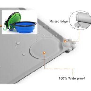 New 2 Collapsible Dog Bowls and 2 Silicone Non Slip Pet Dog Bowl Mats Grey